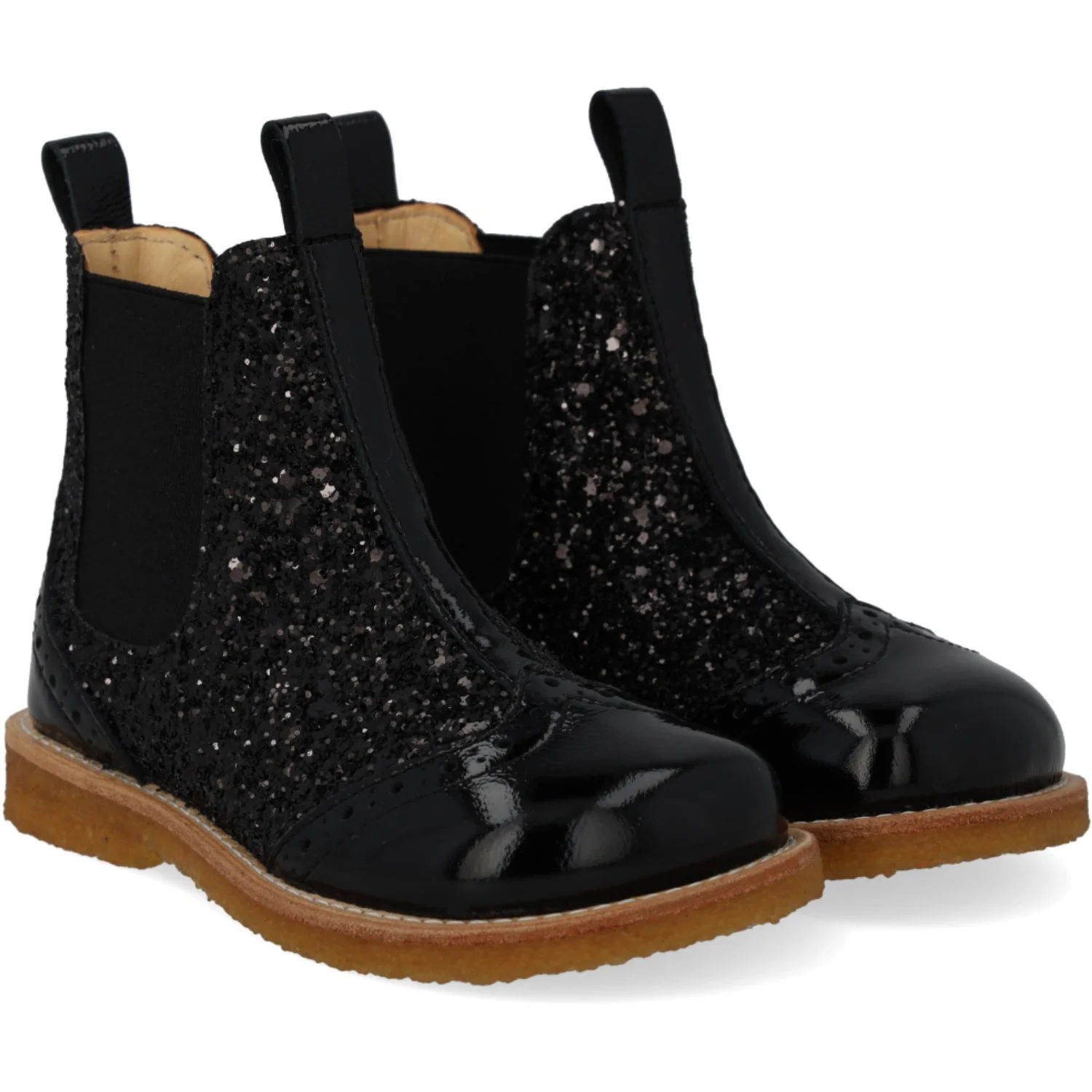 Angulus Black/Black Glitter/Black Elastic Chelsea Støvle Med Glitter Og Brogues Detaljer