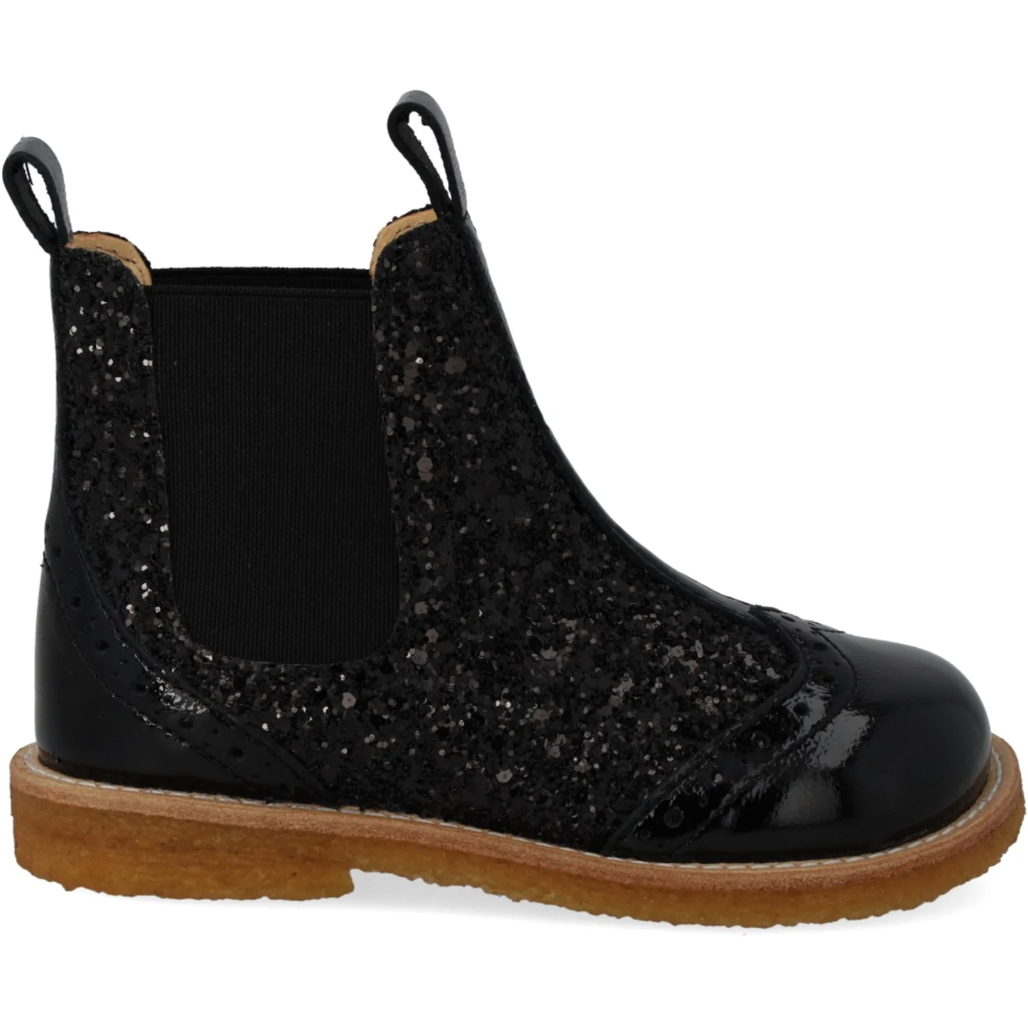 Angulus Black/Black Glitter/Black Elastic Chelsea Støvle Med Glitter Og Brogues Detaljer - Image 3