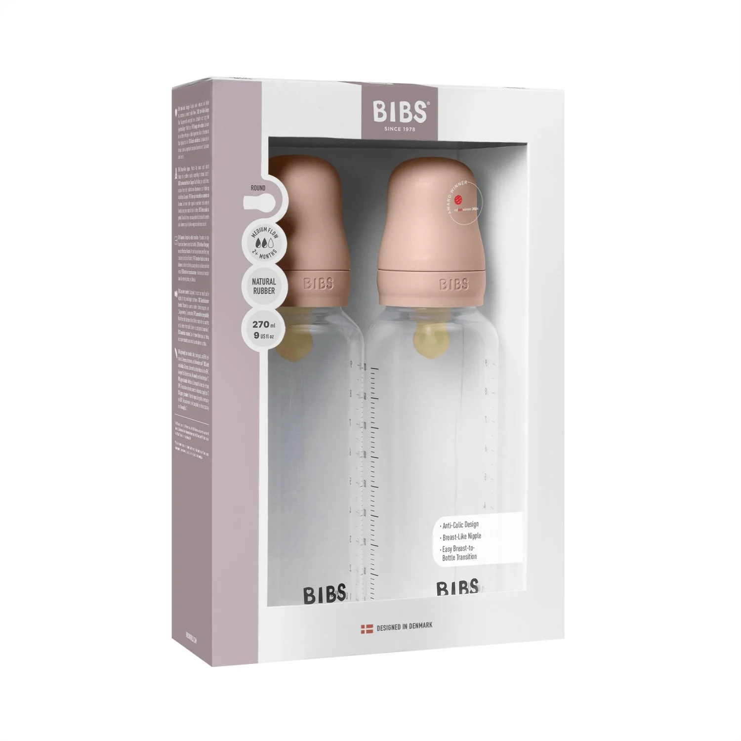 Bibs Blush Baby Flaske Round Latex 2-Pak 270 Ml Medium Flow - Image 3