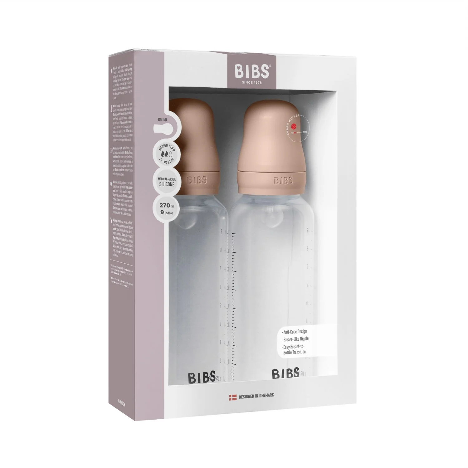 Bibs Blush Baby Flaske Round Silikone 2-Pak 270 Ml Medium Flow - Image 3