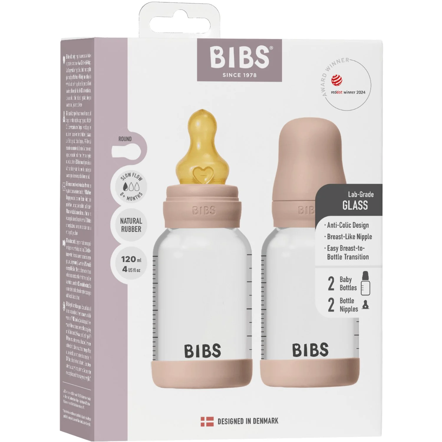 Bibs Blush Glass Baby Flaske Round Latex 2-Pak 120 Ml Slow Flow - Image 3