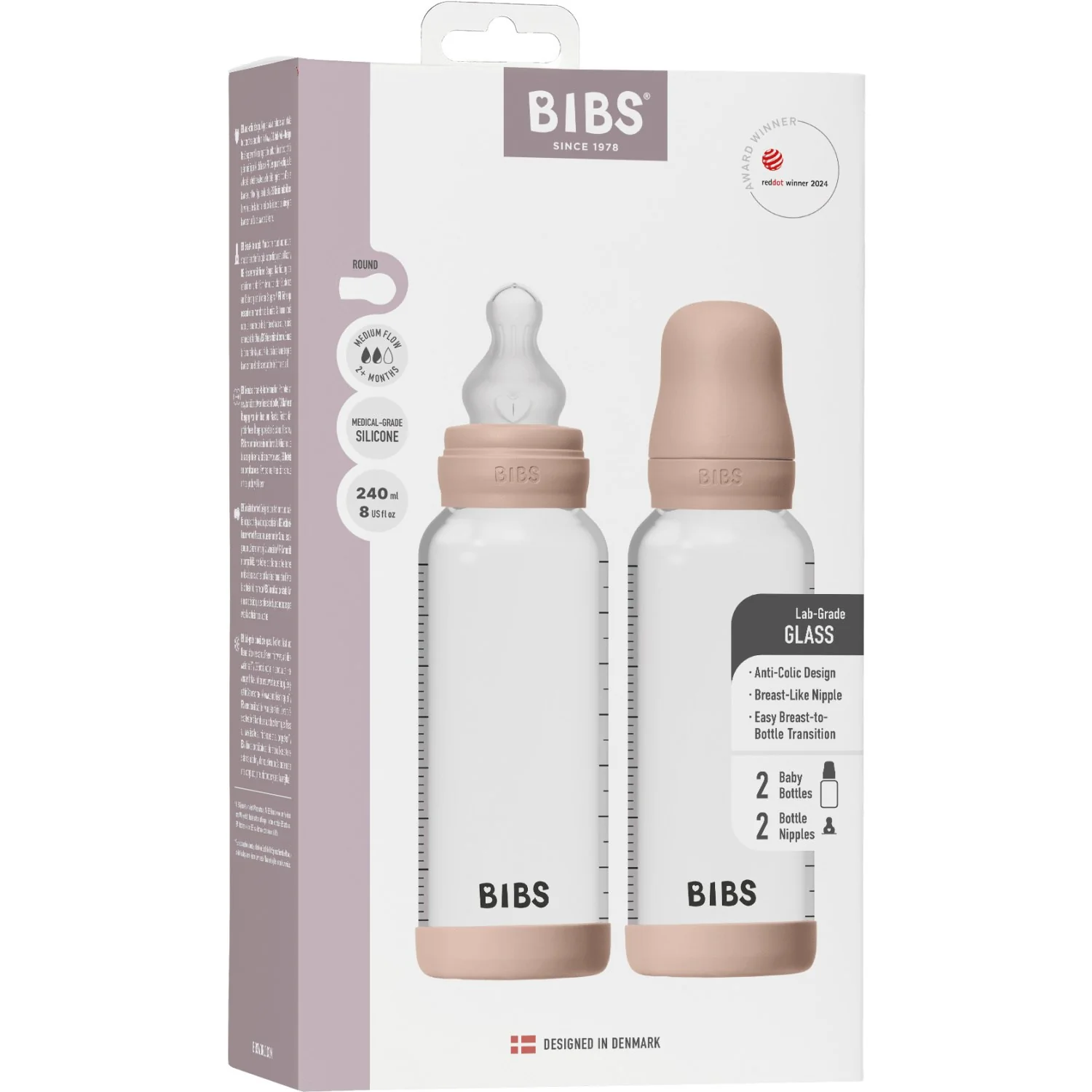 Bibs Blush Glass Baby Flaske Round Silikone 2-Pak 240 Ml Medium Flow - Image 3