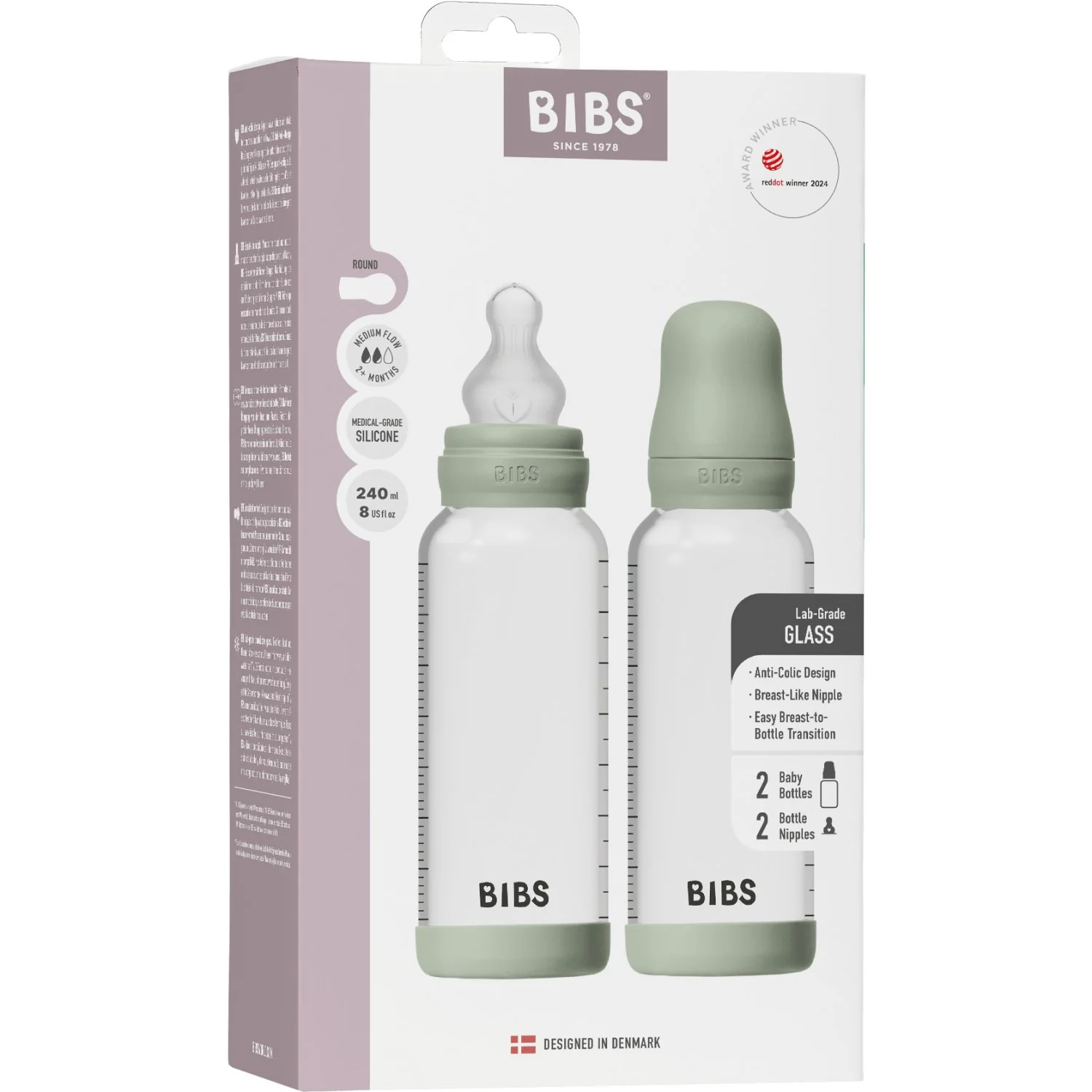 Bibs Sage Glass Baby Flaske Round Silikone 2-Pak 240 Ml Medium Flow - Image 3