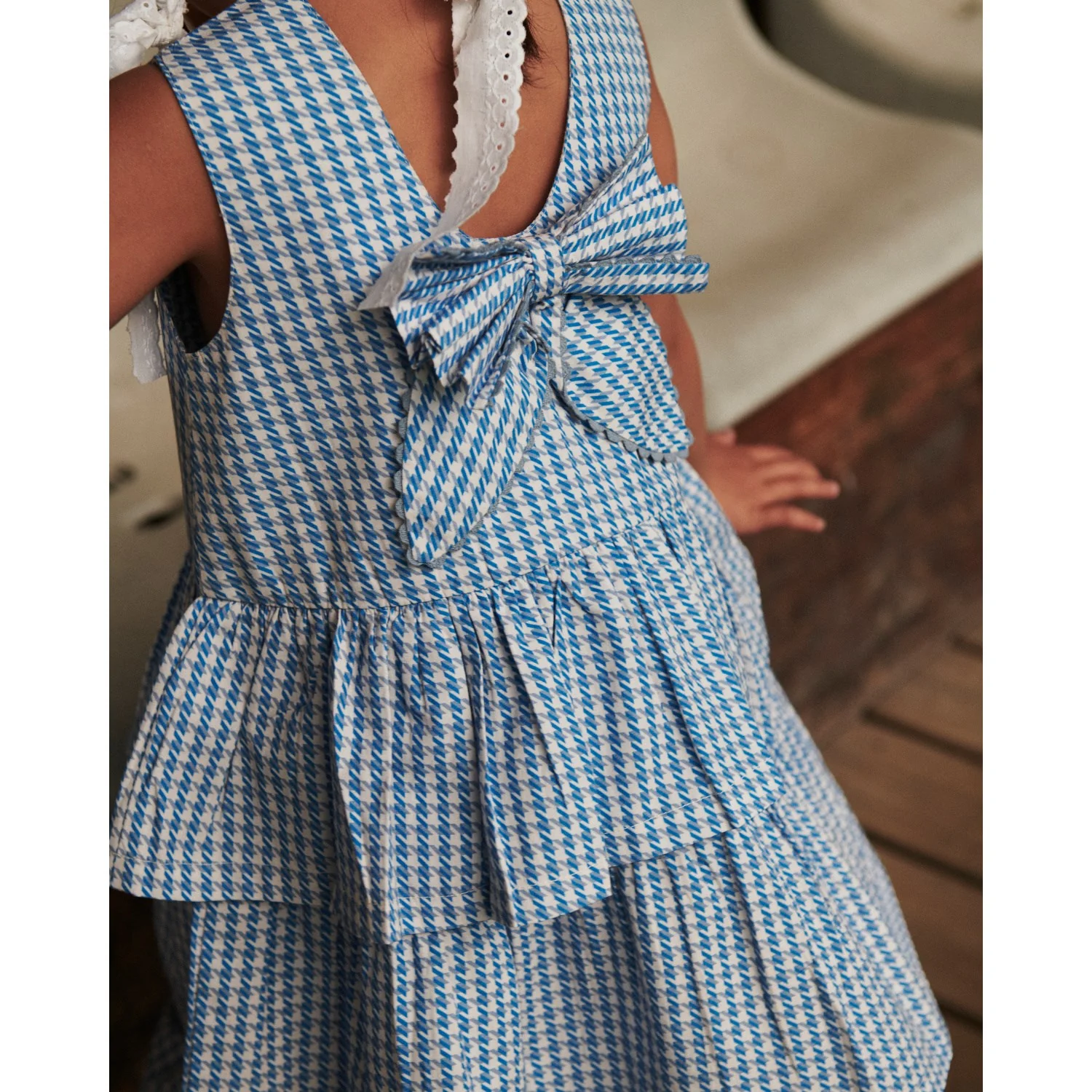 COPENHAGEN COLORS Blue Houndstooth Mini Houndstooth Kjole W. Sløjfe - Image 2