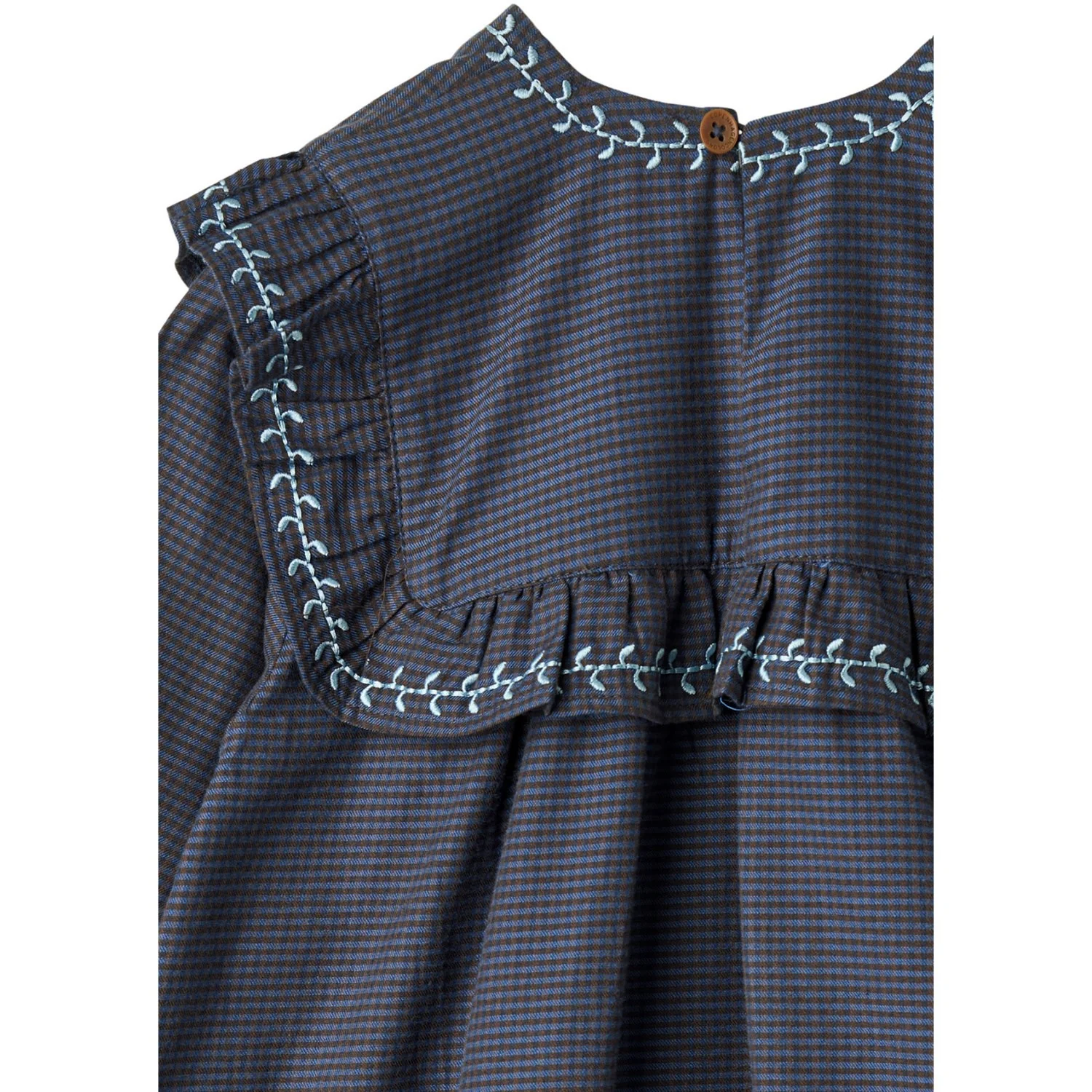 COPENHAGEN COLORS Brown/Blue Check Comb. Checkered Kjole W. Embroidery Og Ruffle - Image 5