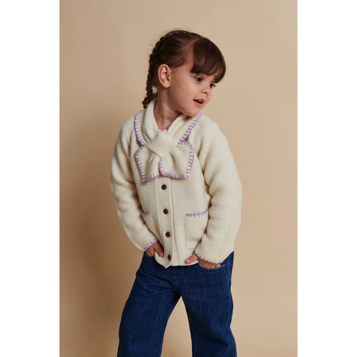 COPENHAGEN COLORS Cream/Lavender Comb Lambswool Cardigan W. Krave - Image 2