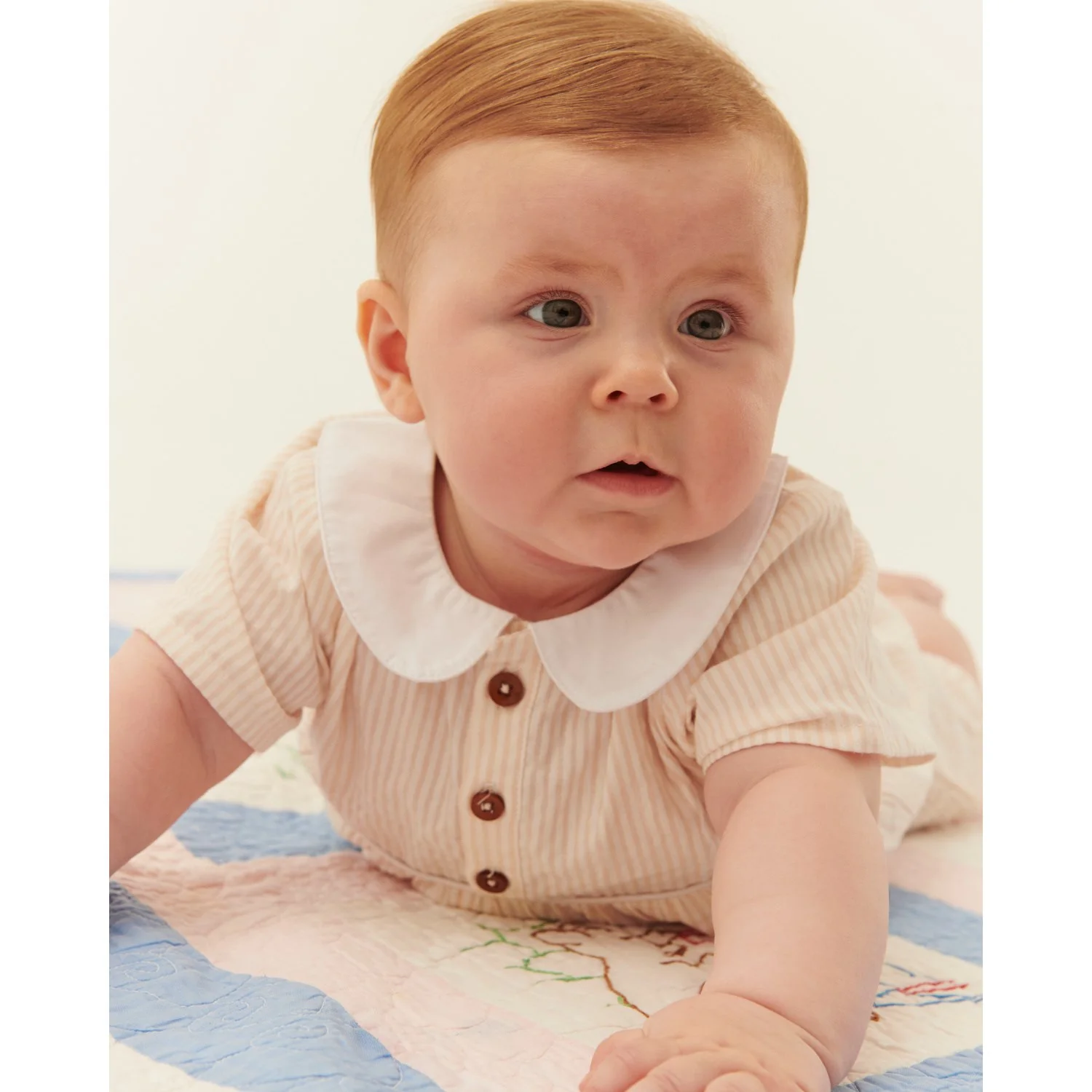 COPENHAGEN COLORS Dusty Rose W Cream Stripe Seersucker Romper W. Krave - Image 2