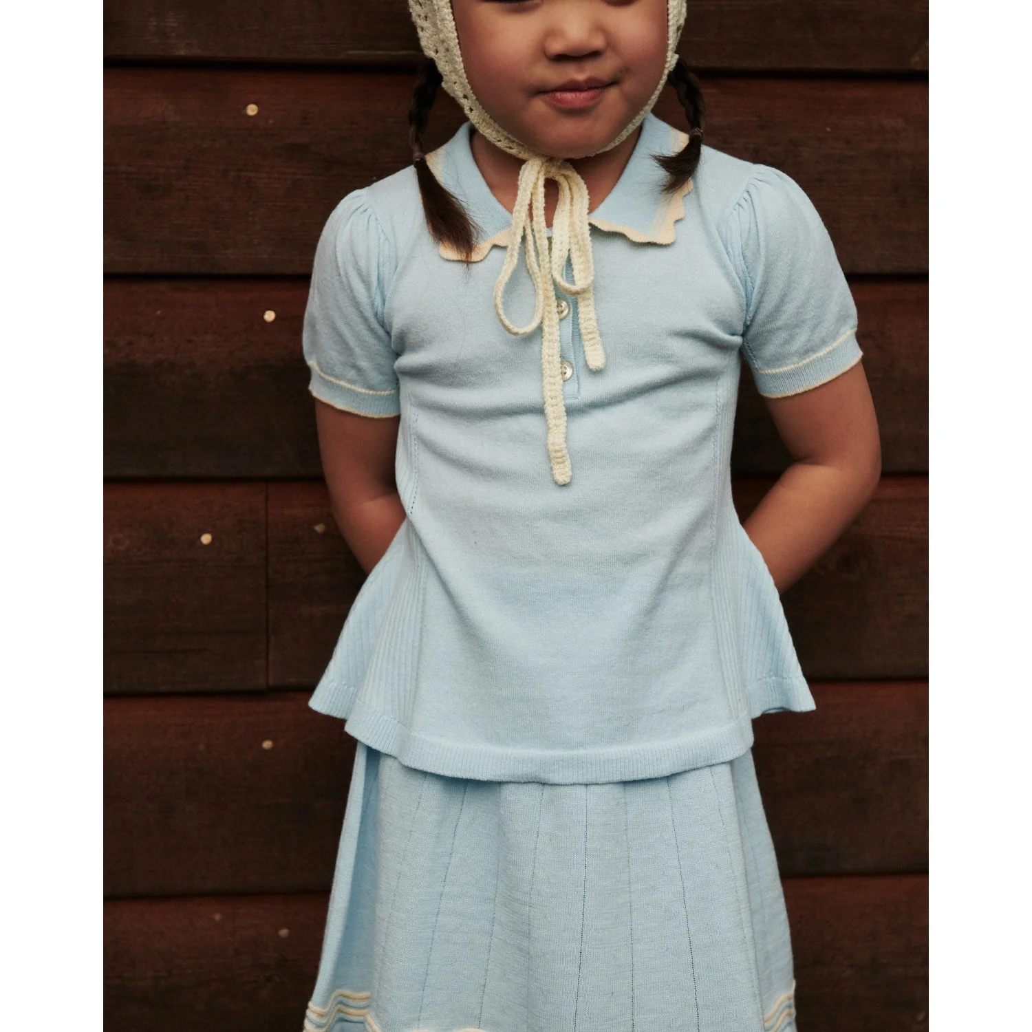 COPENHAGEN COLORS Ice Blue/Cream Comb. Strikket Peplum Bluse - Image 4