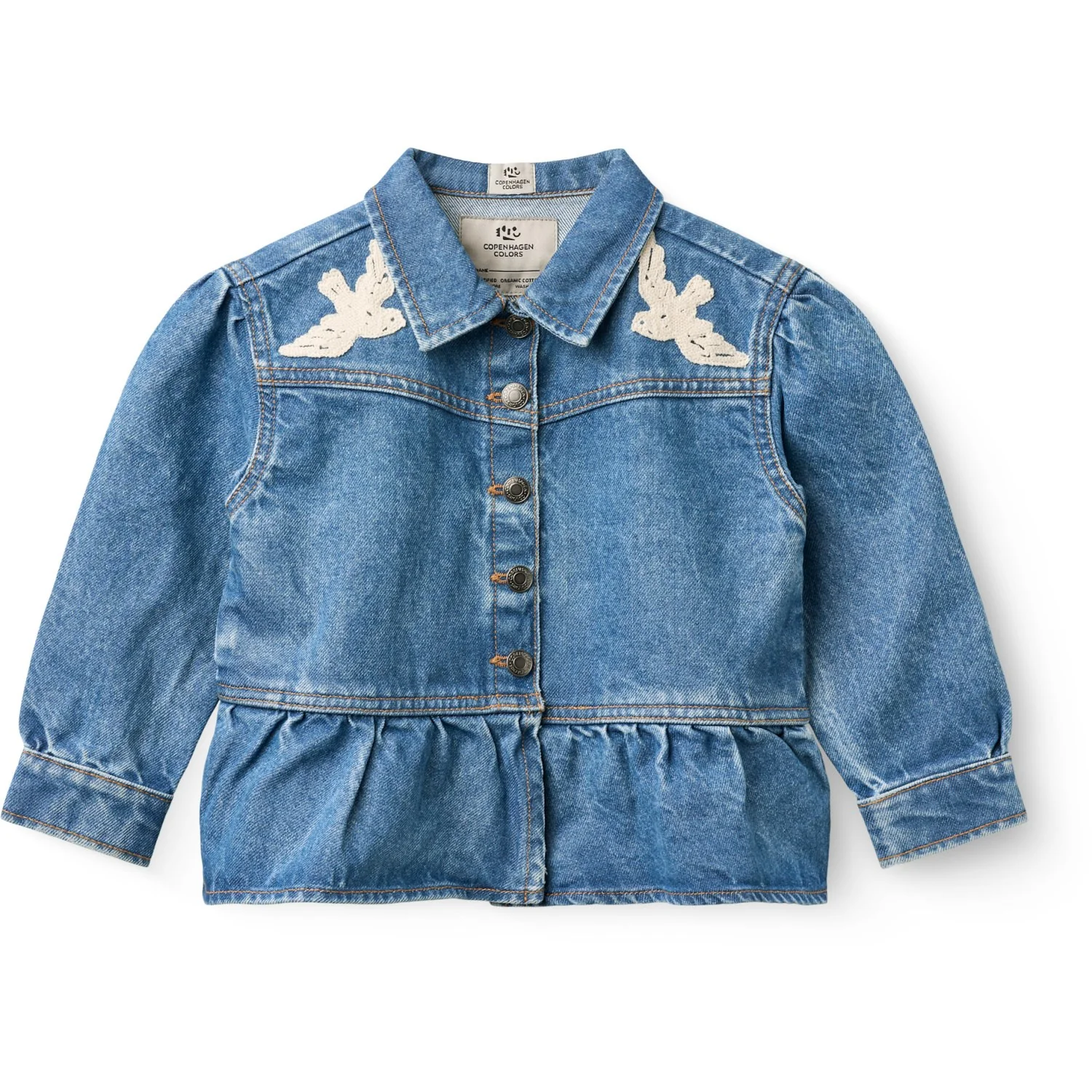 COPENHAGEN COLORS Indigo Blue Washed Denim Flæse Jakke W. Crochet Doves - Image 11