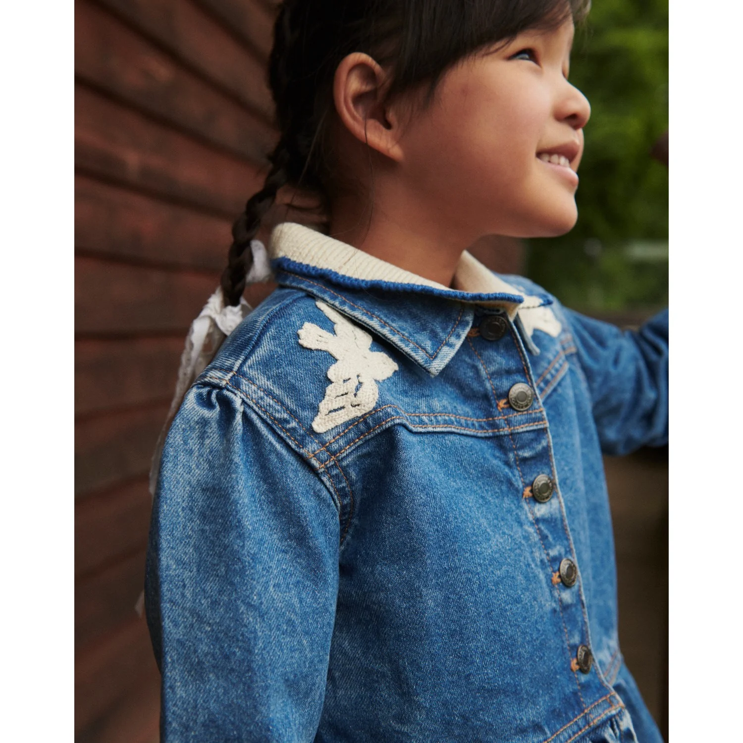 COPENHAGEN COLORS Indigo Blue Washed Denim Flæse Jakke W. Crochet Doves - Image 14