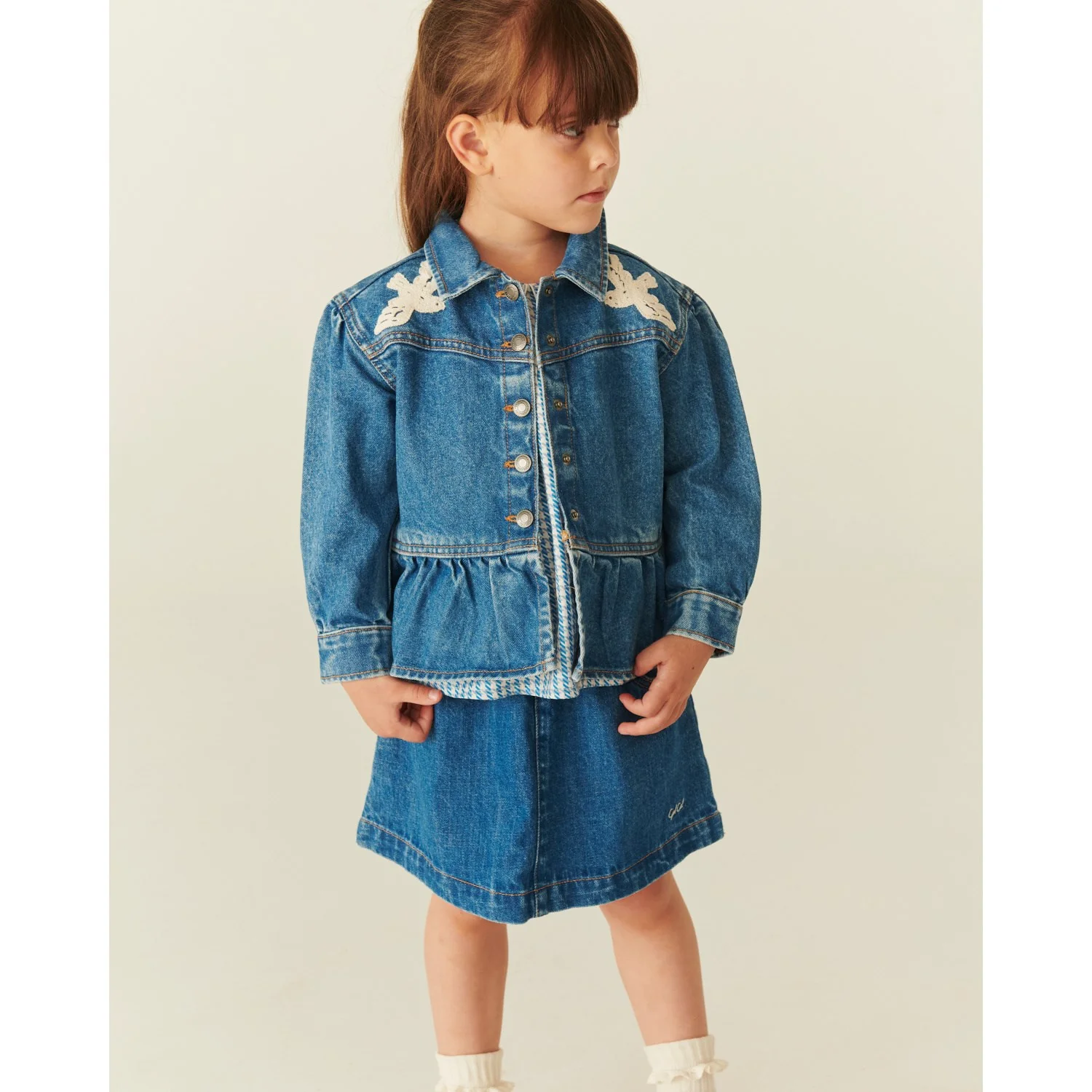 COPENHAGEN COLORS Indigo Blue Washed Denim Flæse Jakke W. Crochet Doves - Image 16