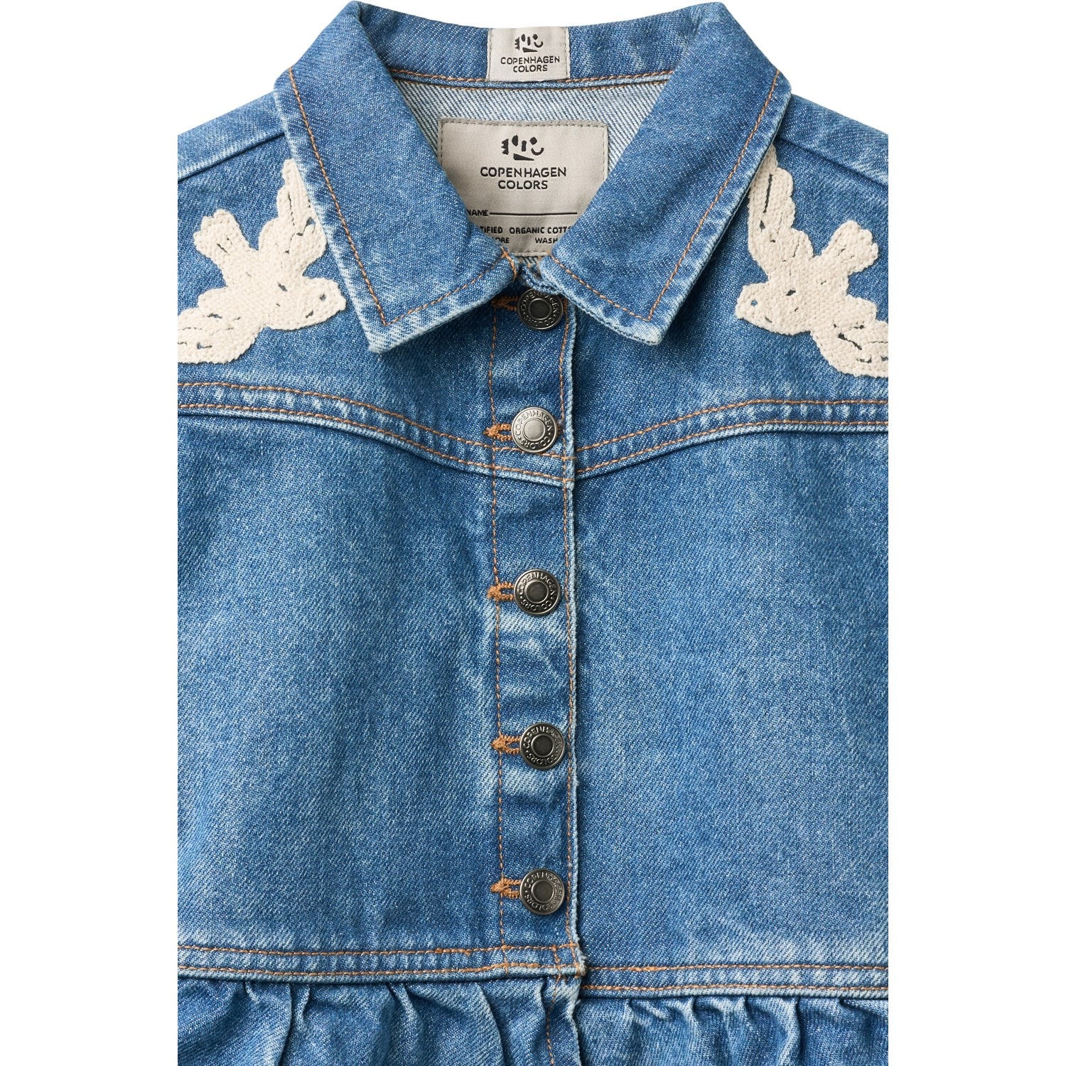 COPENHAGEN COLORS Indigo Blue Washed Denim Flæse Jakke W. Crochet Doves - Image 19