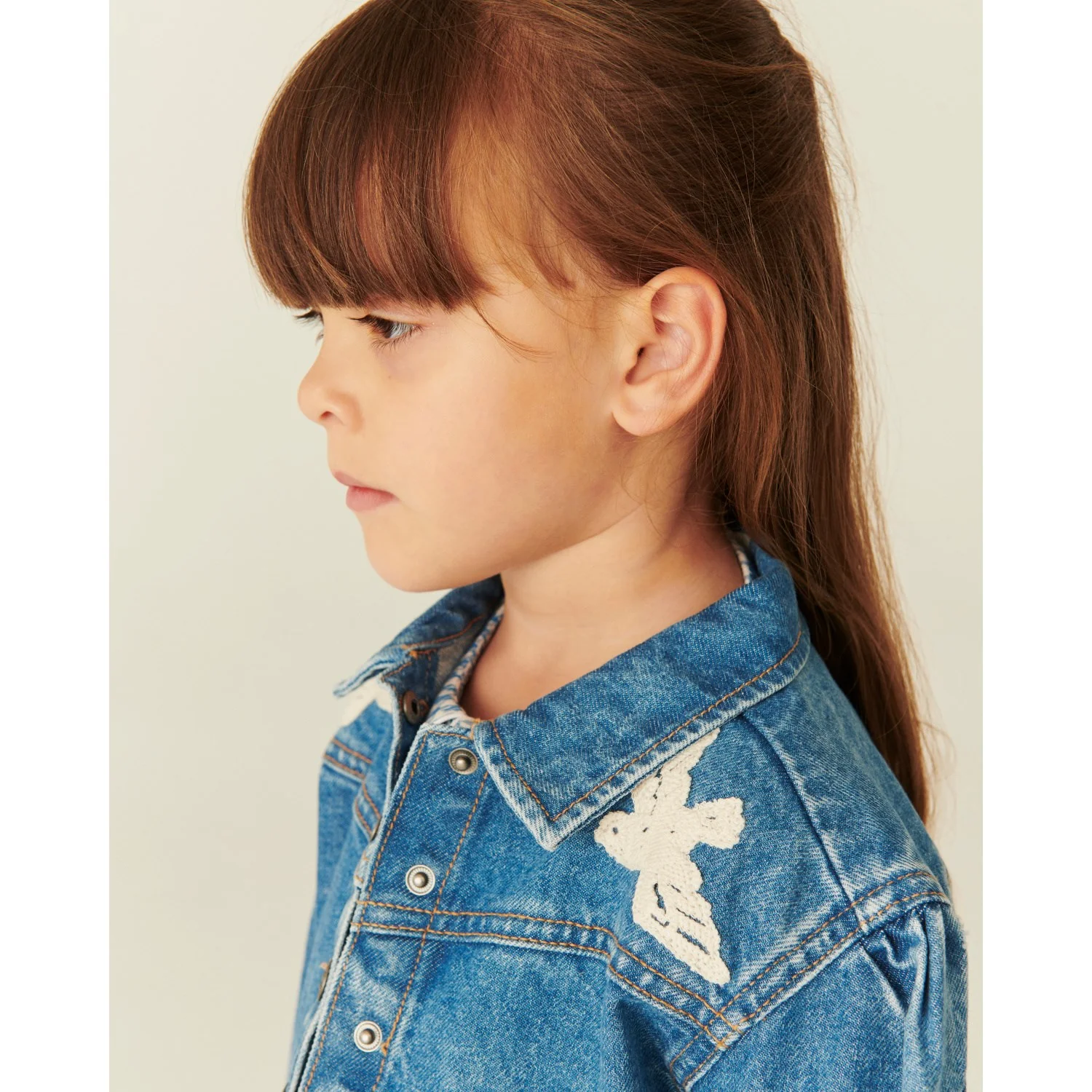 COPENHAGEN COLORS Indigo Blue Washed Denim Flæse Jakke W. Crochet Doves - Image 7