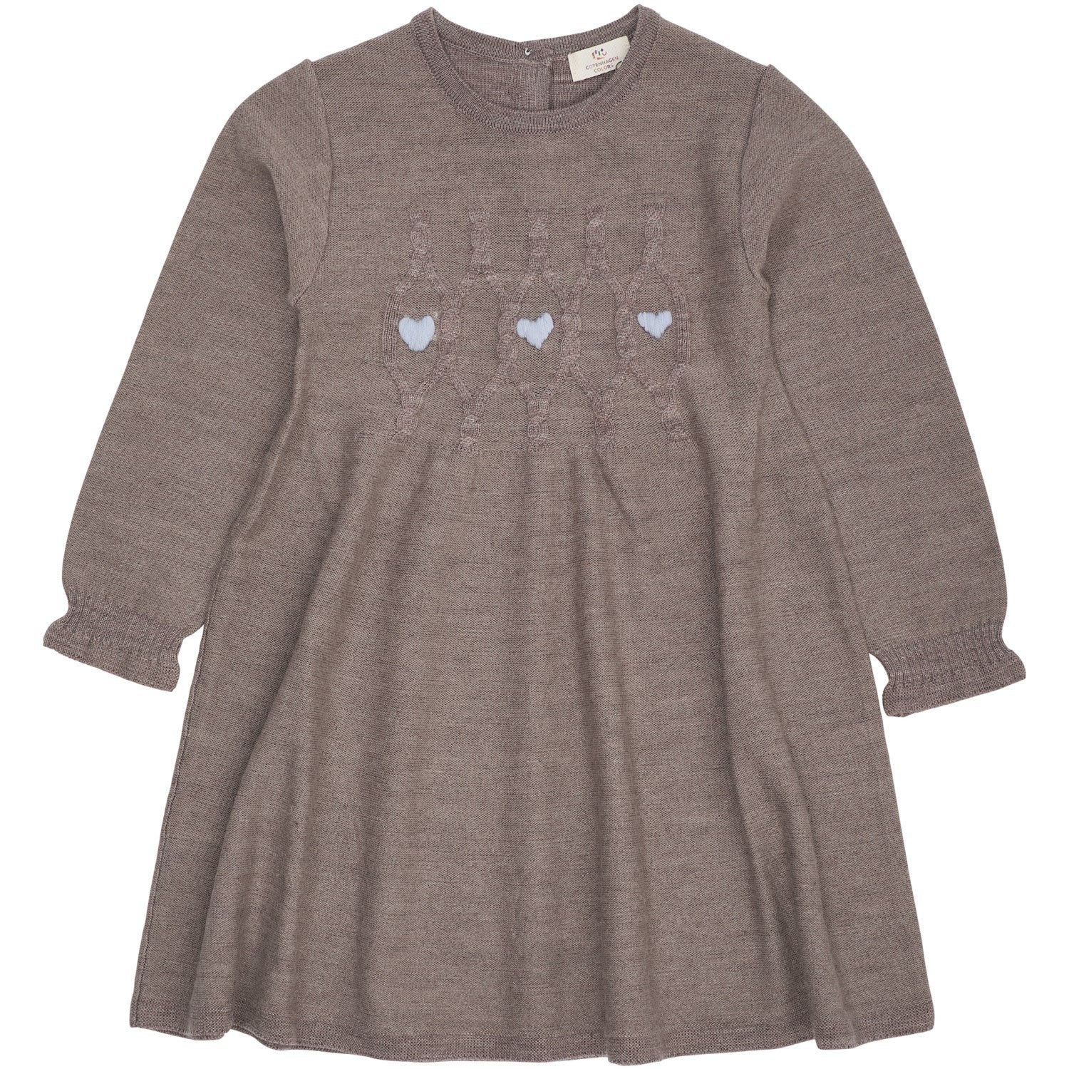 COPENHAGEN COLORS Natural Mel. W. Dusty Blue Heart Merino Ls Cable Kjole W. Hearts