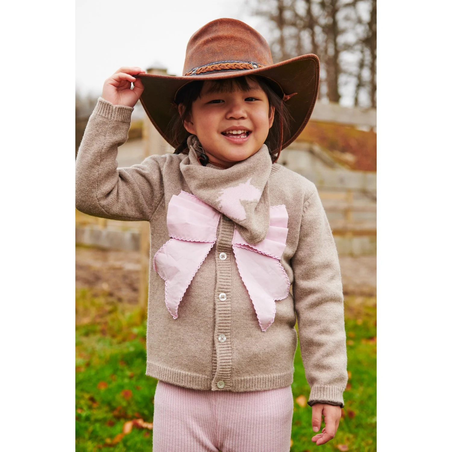 COPENHAGEN COLORS Sand/Lavender Comb. Cashmere Cardigan W. Poplin Sløjfe - Image 3