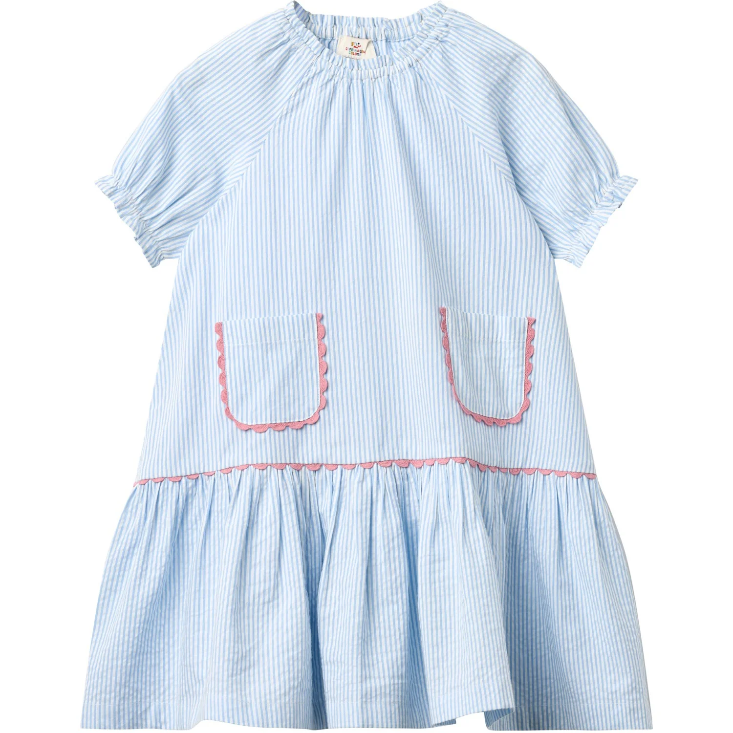 COPENHAGEN COLORS Sky Blue W Cream Stripe Seersucker Kjole W. Pockets