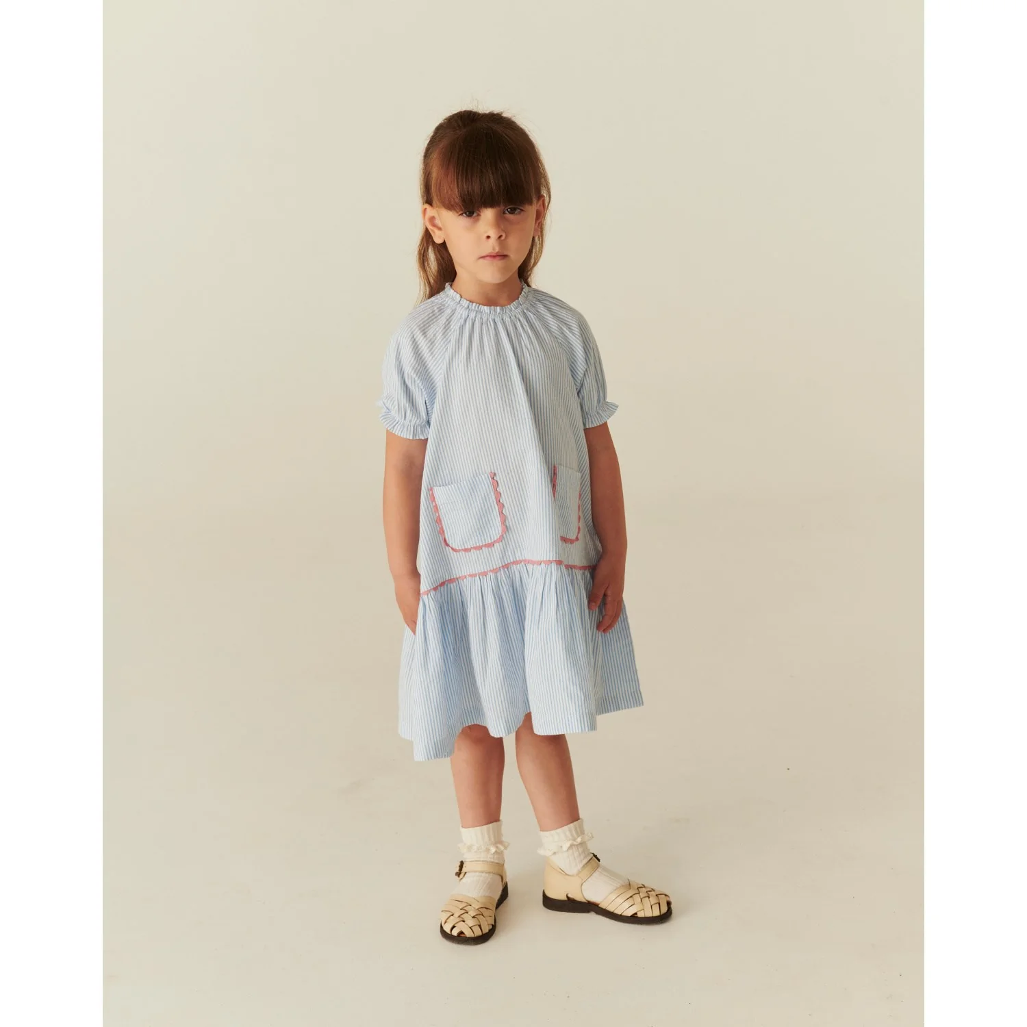 COPENHAGEN COLORS Sky Blue W Cream Stripe Seersucker Kjole W. Pockets - Image 2