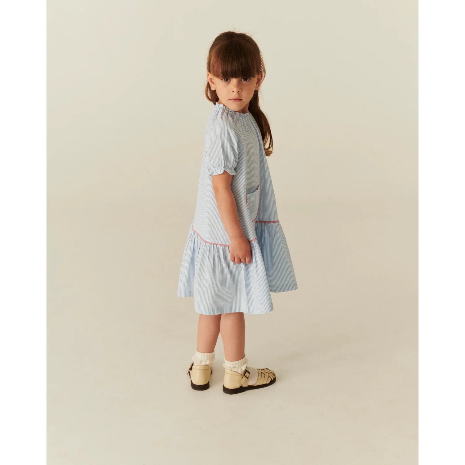 COPENHAGEN COLORS Sky Blue W Cream Stripe Seersucker Kjole W. Pockets - Image 4