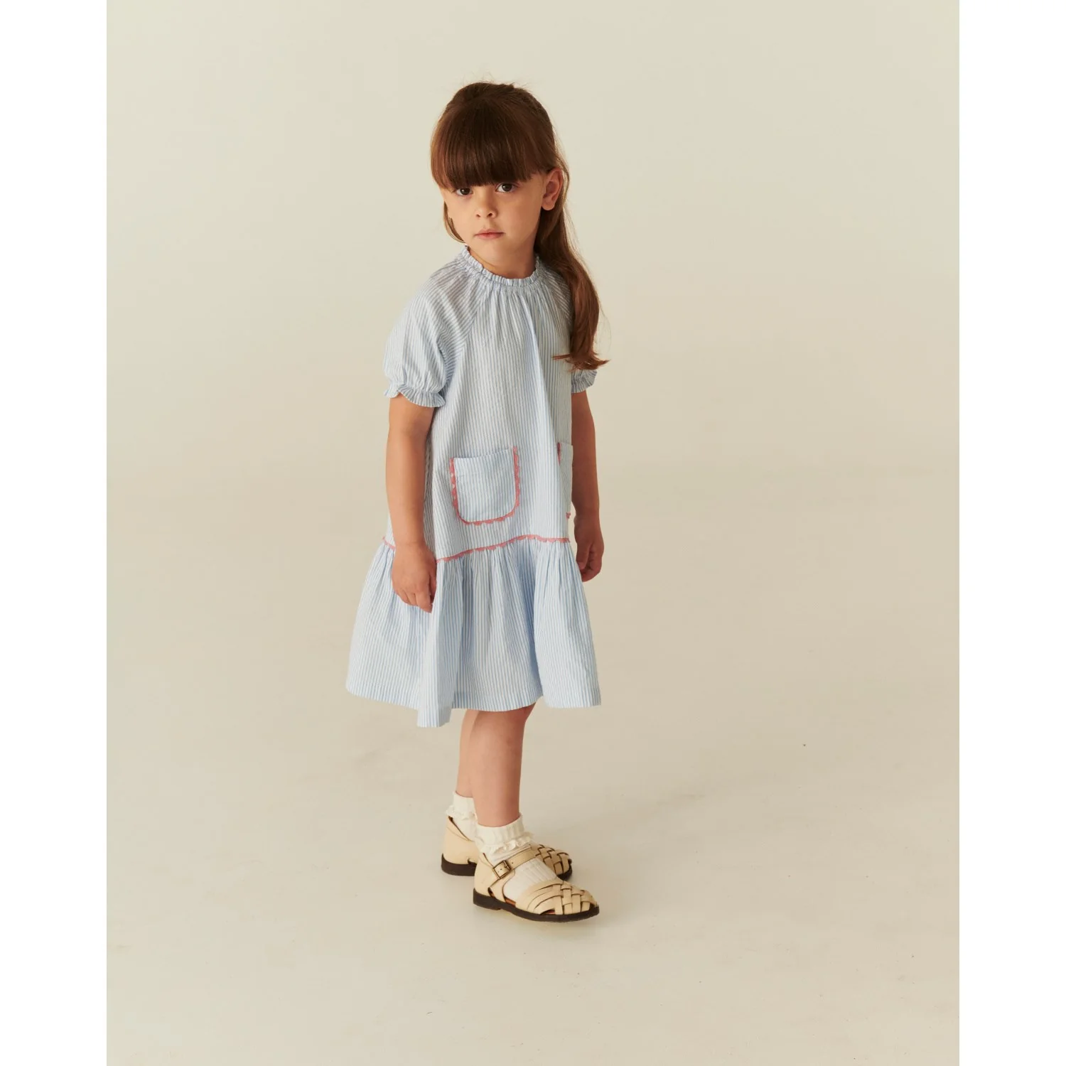 COPENHAGEN COLORS Sky Blue W Cream Stripe Seersucker Kjole W. Pockets - Image 5