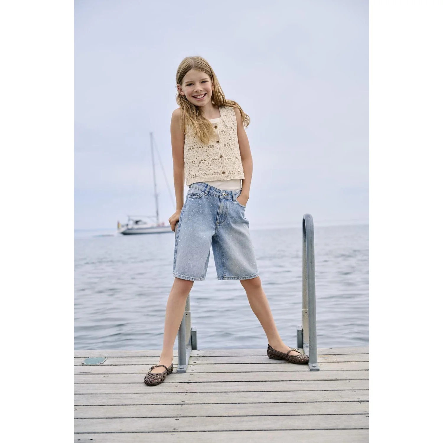kids ONLY Medium Blue Denim Rhinestones Kogsonny Hw Wide Rhinst Dnm Shorts Azg - Image 2