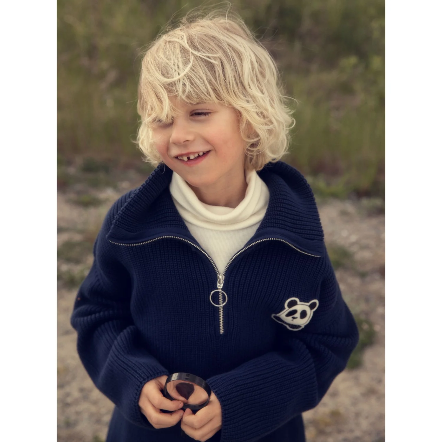 Mini Rodini Blue Panda Patch Chunky Strik Half Zip Sweater - Image 2