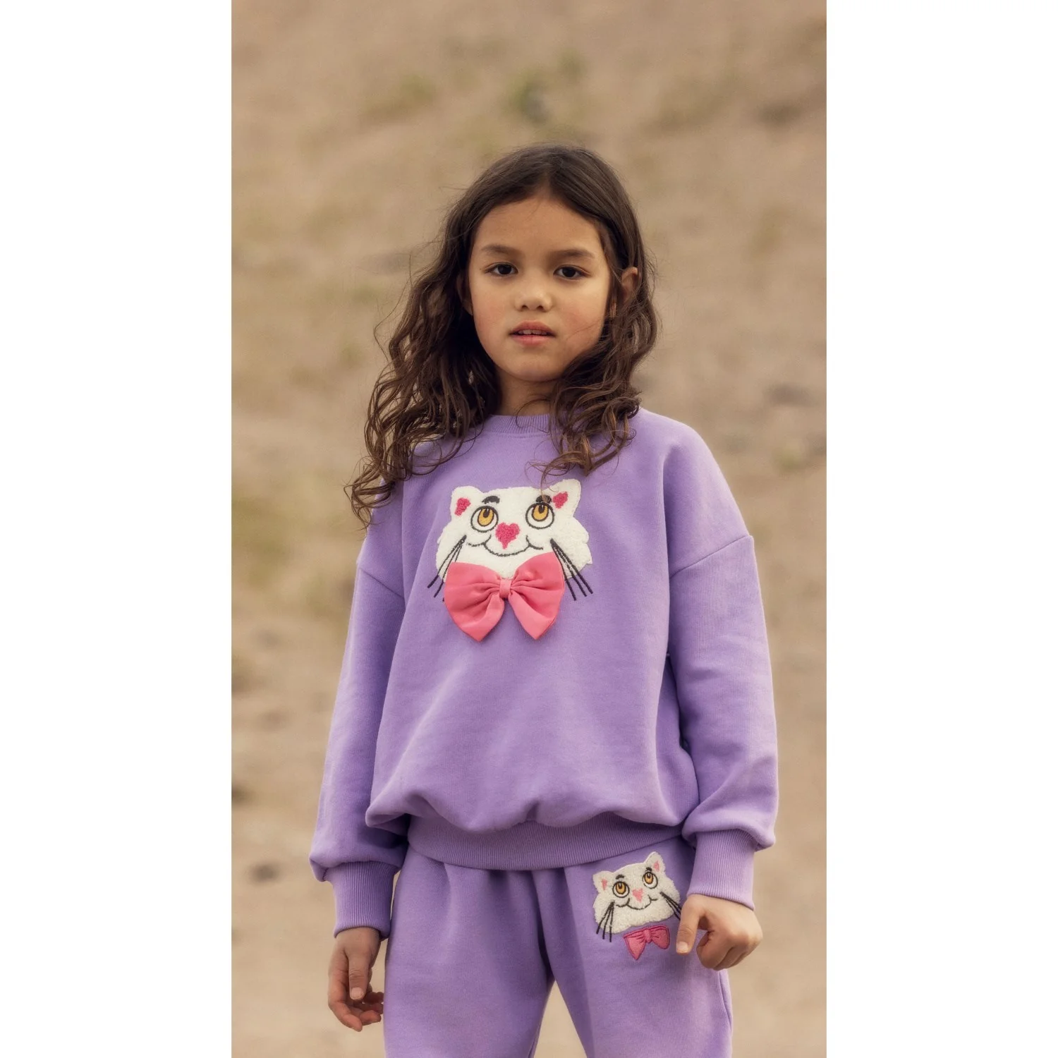 Mini Rodini Purple Cat Med Bowtie Chenille Sweatshirt - Image 4