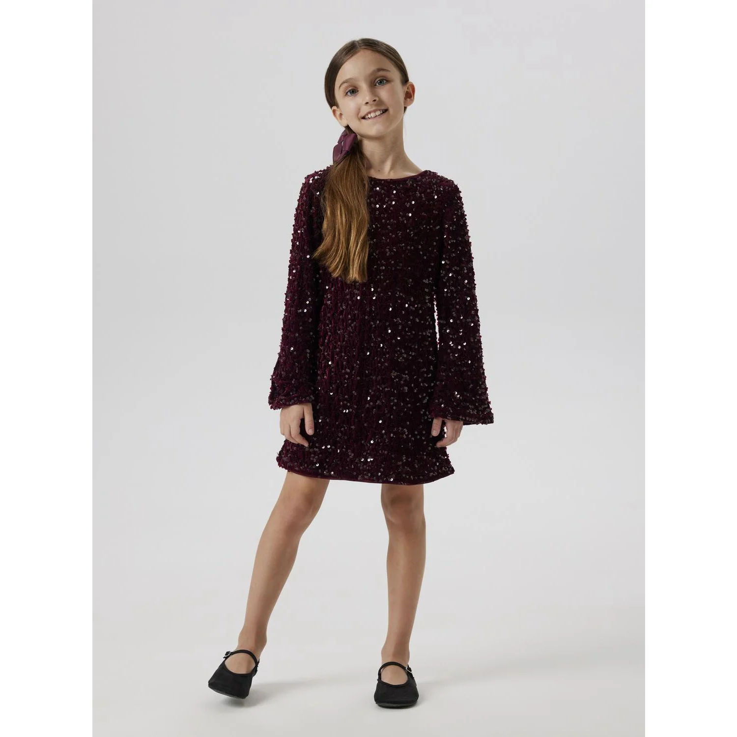 Name It Burgundy Black Bow Nkfrusitta Ls Kjole - Image 2