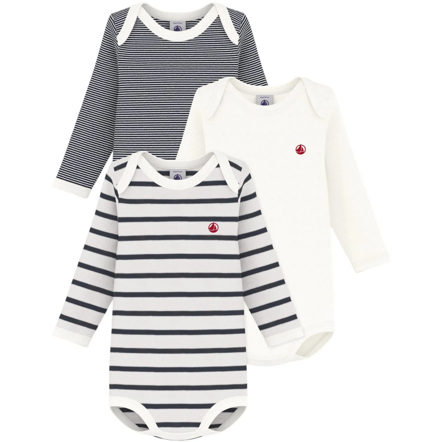 Petit Bateau Navy/White Langærmet Body 3-Pak