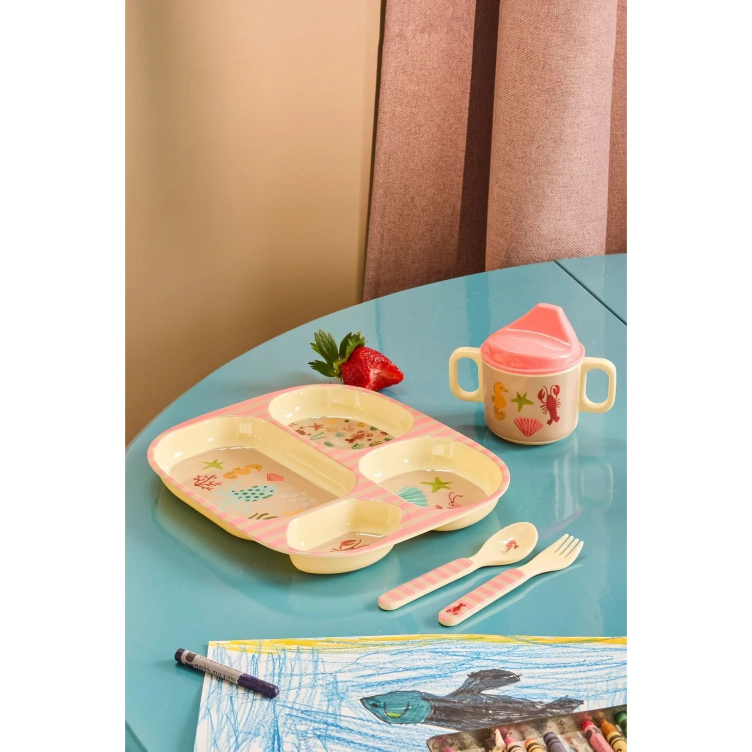 Rice Coral Ocean Print Melamine 2 Håndtag Baby Kop MEd Låg 250 Ml - Image 2