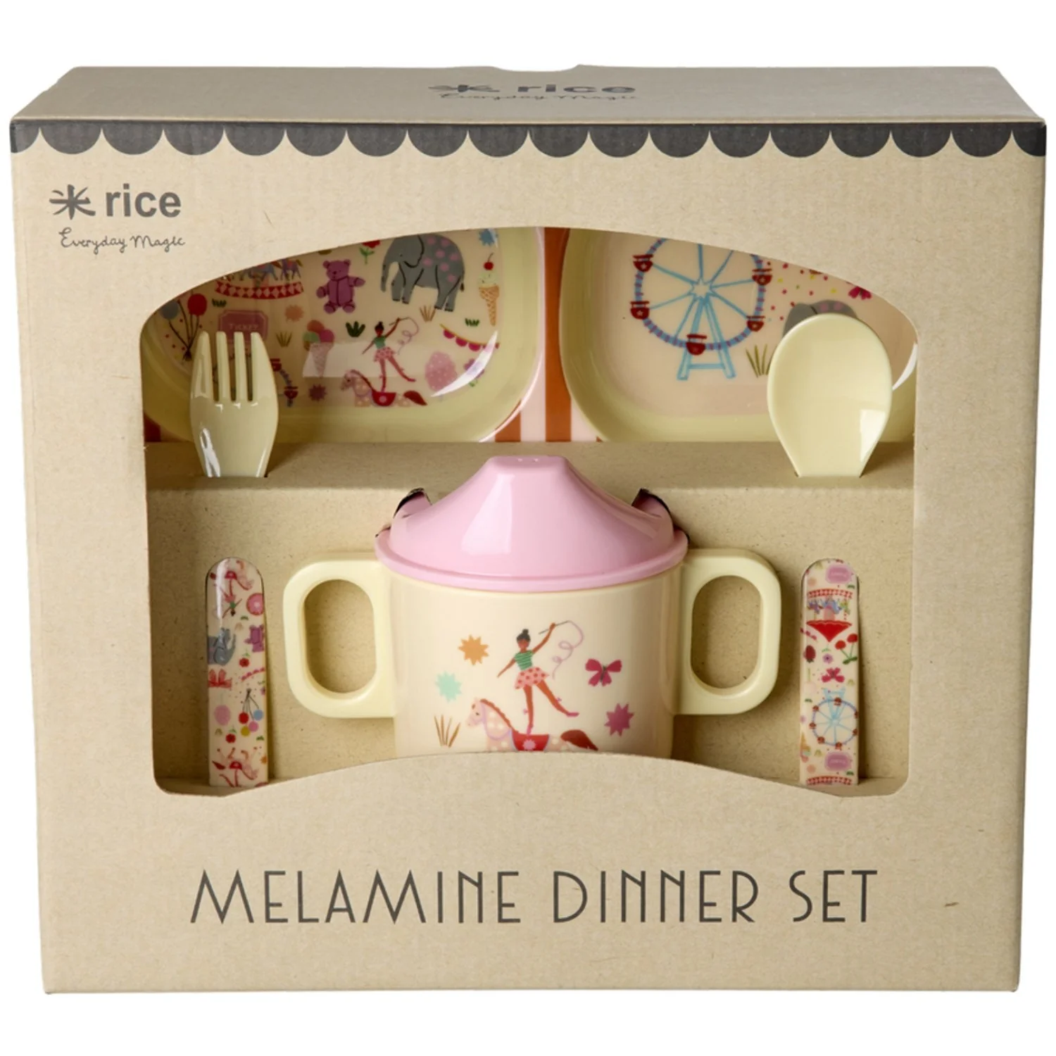 Rice Pink Fun Fair Print Melamine Baby Spisesæt i Gaveæske 4 Pcs