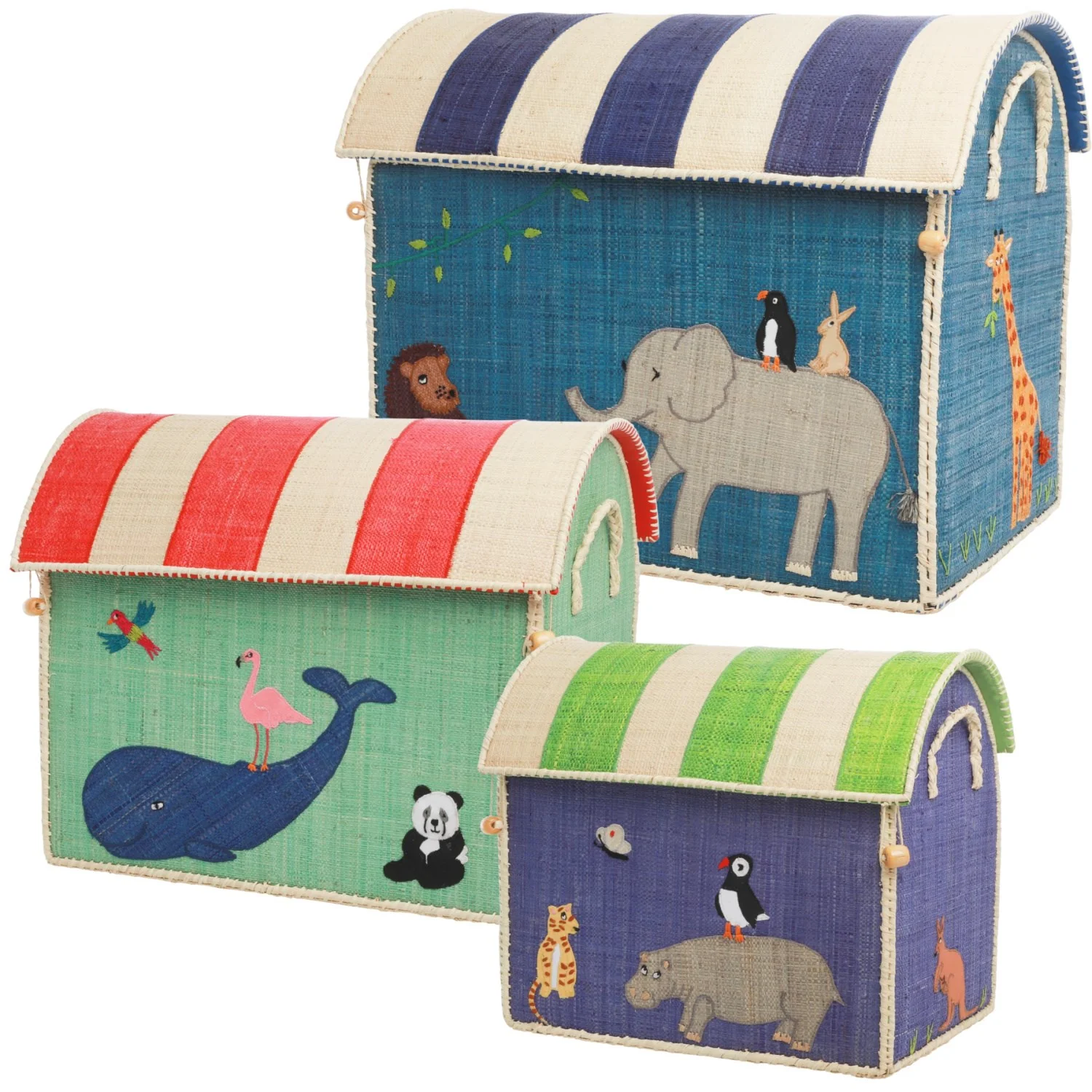 Rice Raffia Legetøj Kurve Med Animal Theme - Sæt Of 3
