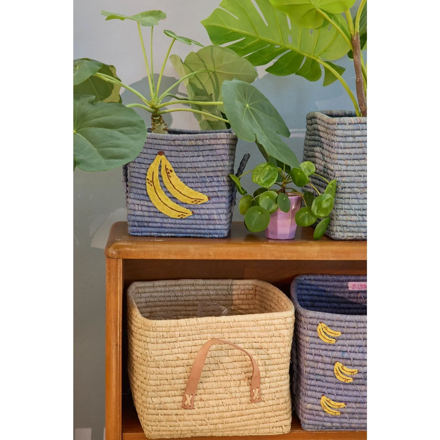 Rice Raffia Square Kurv Med Big Banana Embroidery Og Raffia Handles - Small - Image 2