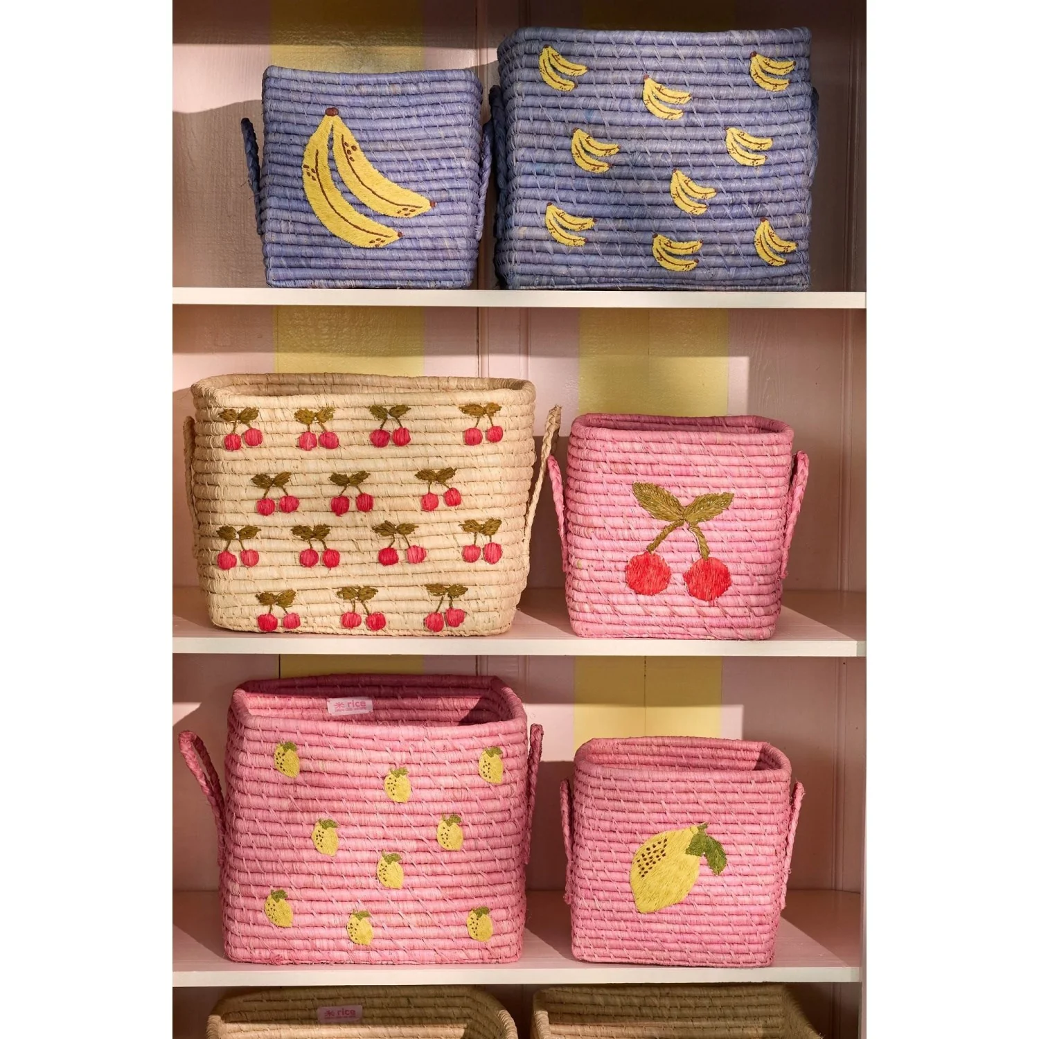 Rice Raffia Square Kurv Med Small Lemons All Over Embroidery Og Raffia Handles - Image 3