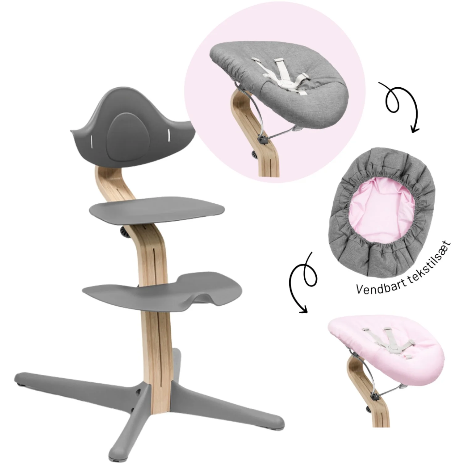 Stokke® Nomi® Natural Grey Stol + Grey Grey Pink Newborn Sæt Bundle
